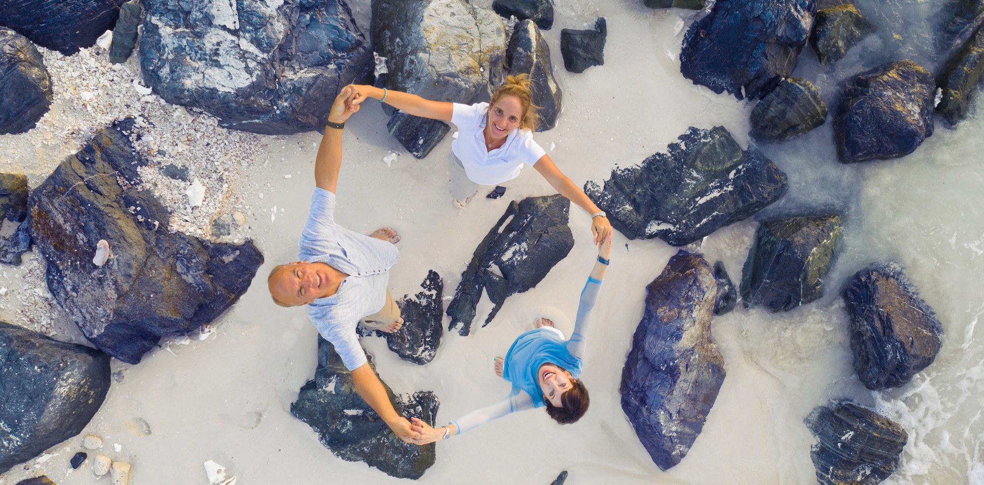 Aerial view of the team on the rocks